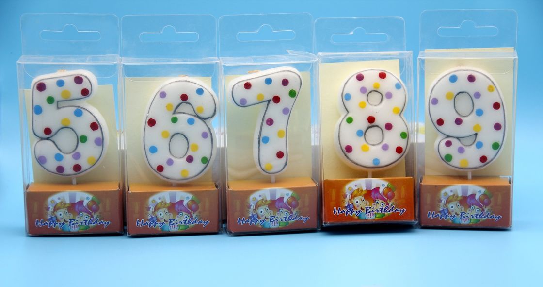！0-9 Number Birthday Candles ！White Number Shape Candles with Gray Edge and  Random colors Little Dots